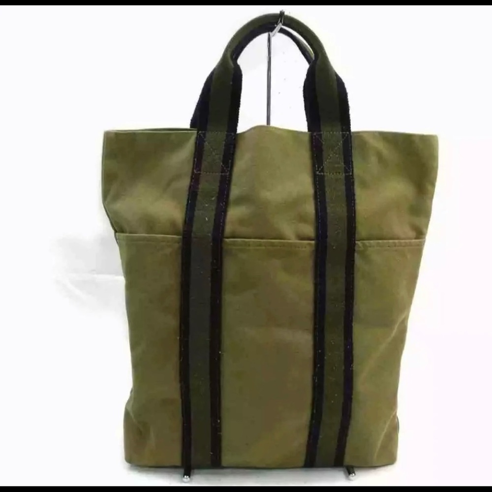 Hermes Olive Green Canvas Tote with Black Straps
